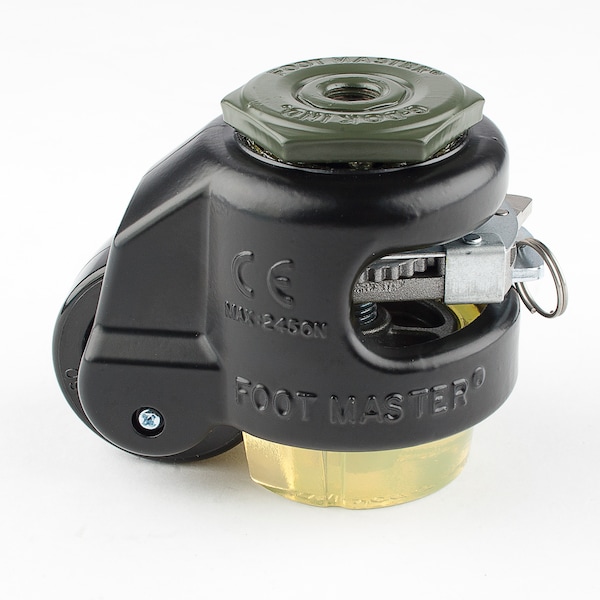 Leveling Caster, Ratchet, 50 mm Nylon Wheel, 1/2-13 Stem, Swivel, 250 kg Cap, PU Foot Pad, Black